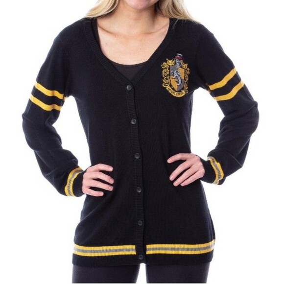 Harry Potter Hufflepuff Cardigan Womens Large Black Sweater Academia Cosplay - Picture 1 of 7
